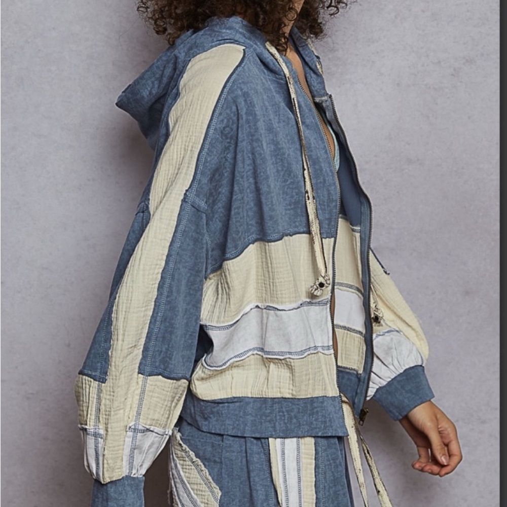 POL NWT Blue and Cream Patchwork Zip-Front Hoodie Size Large - Picture 3 of 6